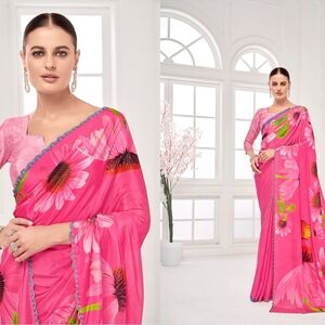 Elegant Floral Saree in Teal and White